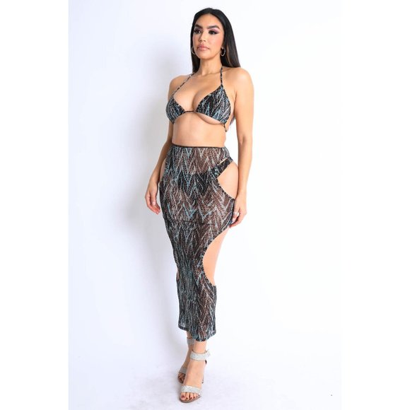 Women's Casual Printed Mesh Cut-Out Bikini And Cover-Up 3 Piece Sexy Set S,M,L - Picture 10 of 10